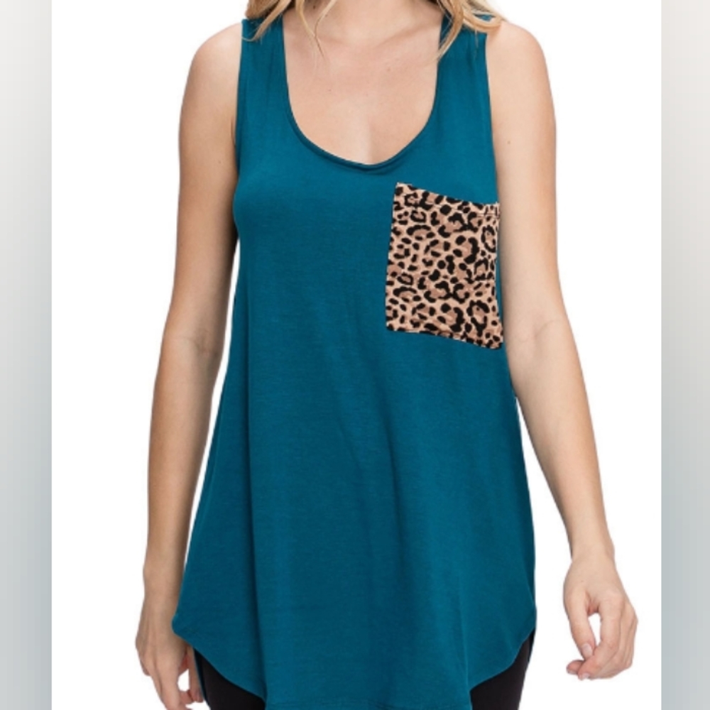 Women's Teal Sleeveless Top  Leopard print Pocket Tank  Top